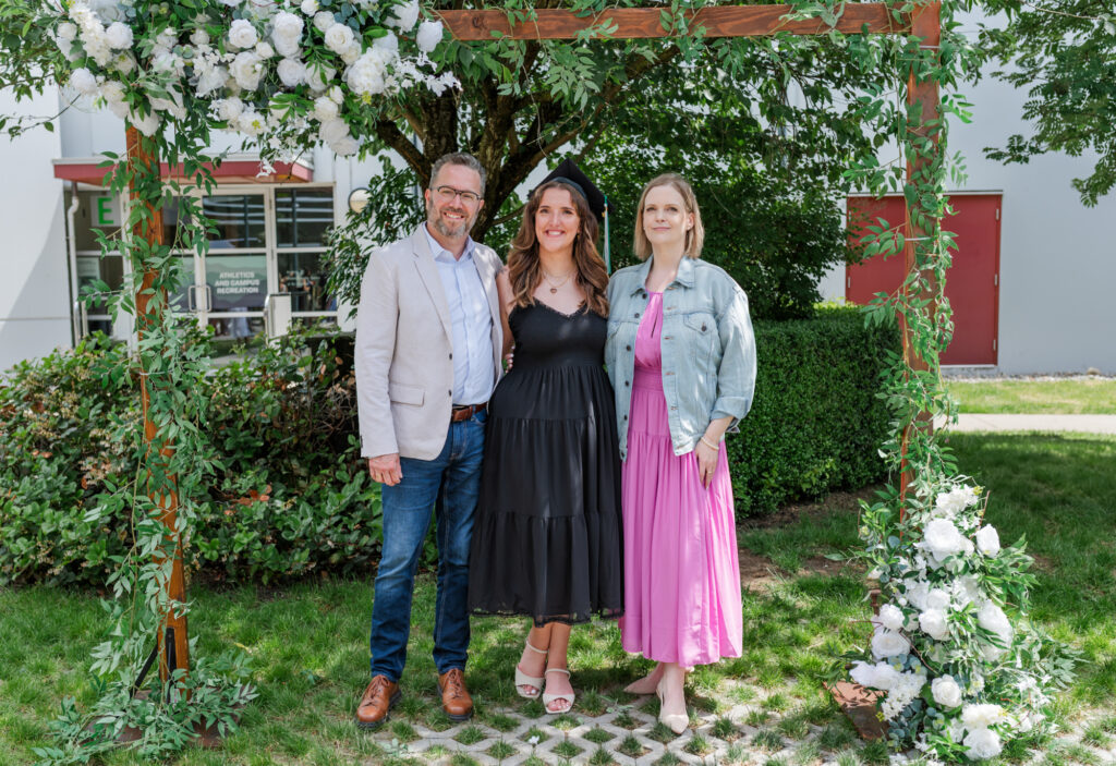 Graduation day at UFV campus with parents by Jessica's side. 