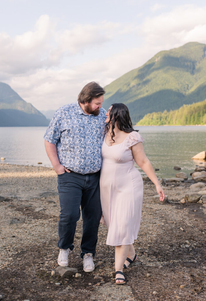 Golden Ears Park Engagement Alouette Lake couple looking at each other.