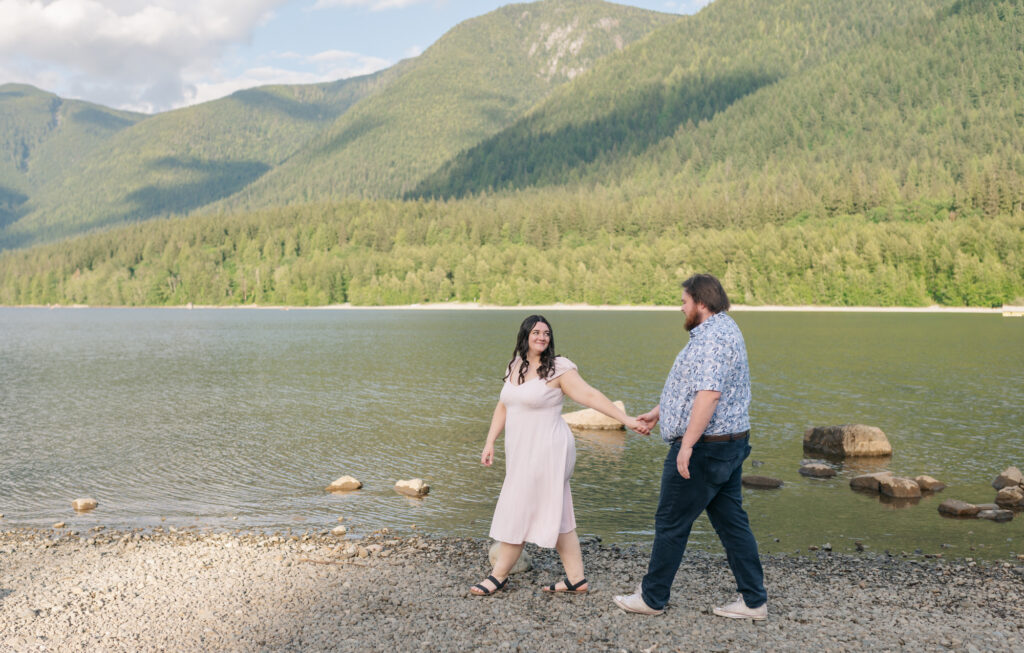 Golden Ears Park Engagement Alouette Lake couple walking along the beach